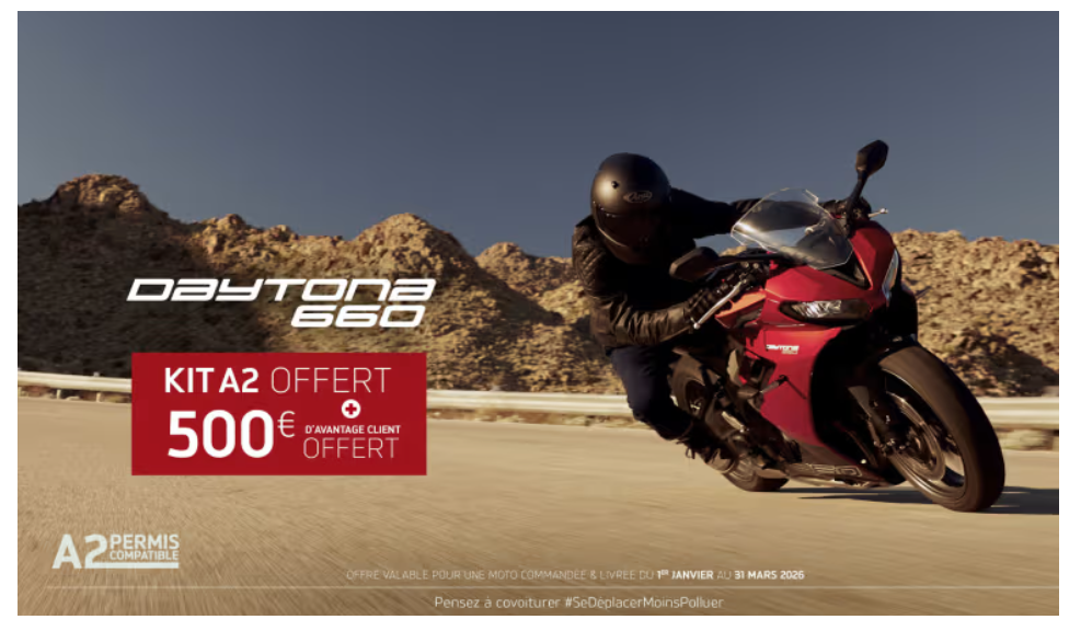 Bénéficiez d'un kit de bridage A2 offert + 500€ d'avantages client pour tout achat d'une Triumph Daytona 660*